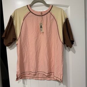 Easel Pink and Brown Colorblock Top
